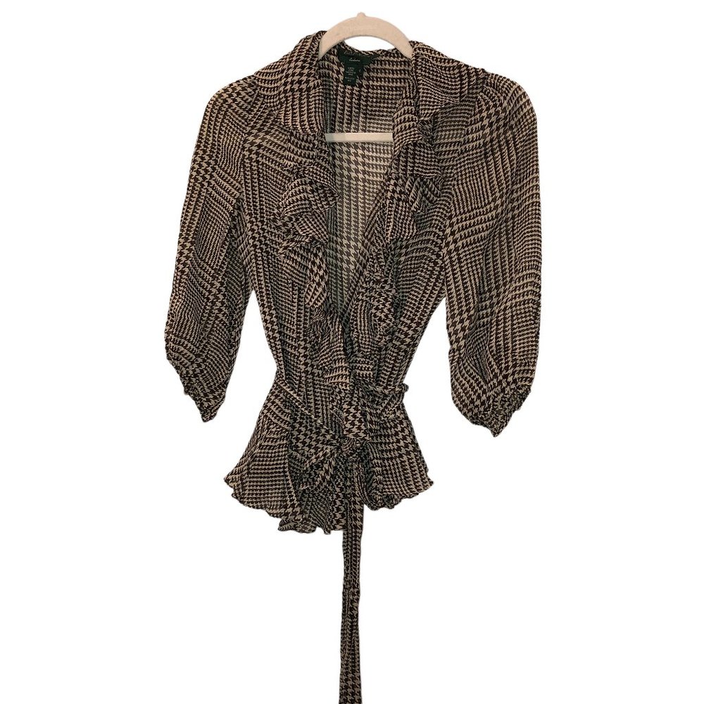 Ralph Lauren Exclusive brown HOUNDSTOOTH ruffle trim true wrap top 6 sem…
